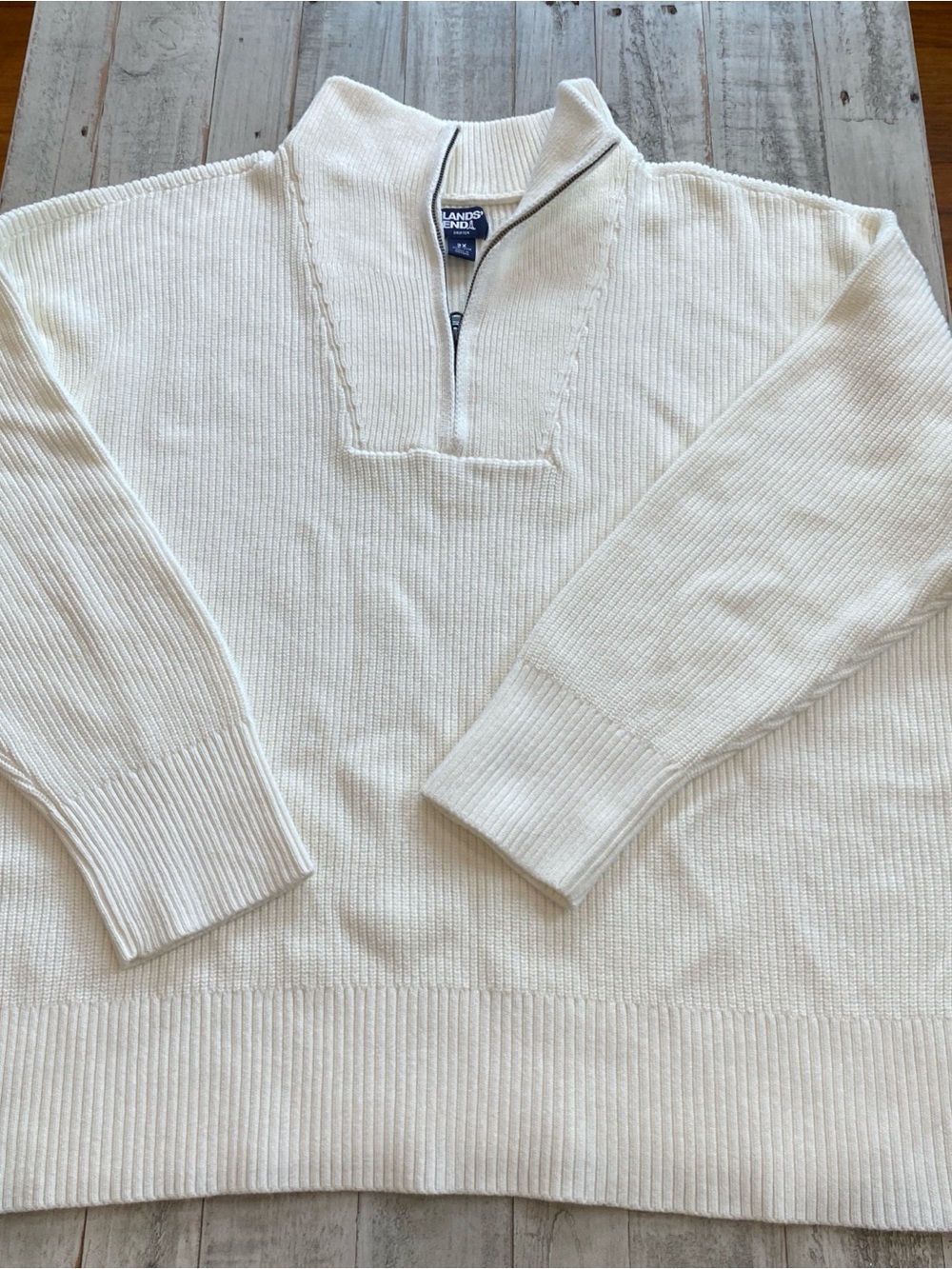 Lands' End Men's Ribbed Quarter-Zip Sweater White Coastal Classic Preppy